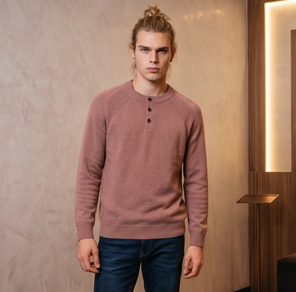 Jersey de punto suave para hombre con cuello Henley abotonado y manga larga, disponible en gris claro y rosa melocotón, corte holgado informal para invierno