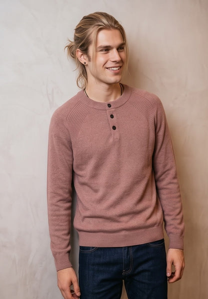 Jersey de punto suave para hombre con cuello Henley abotonado y manga larga, disponible en gris claro y rosa melocotón, corte holgado informal para invierno