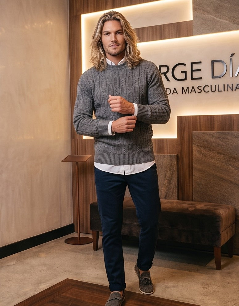 moderno con el mismo diseño de jersey de punto trenzado de cuello redondo en tres colores diferentes: negro, gris y beige.