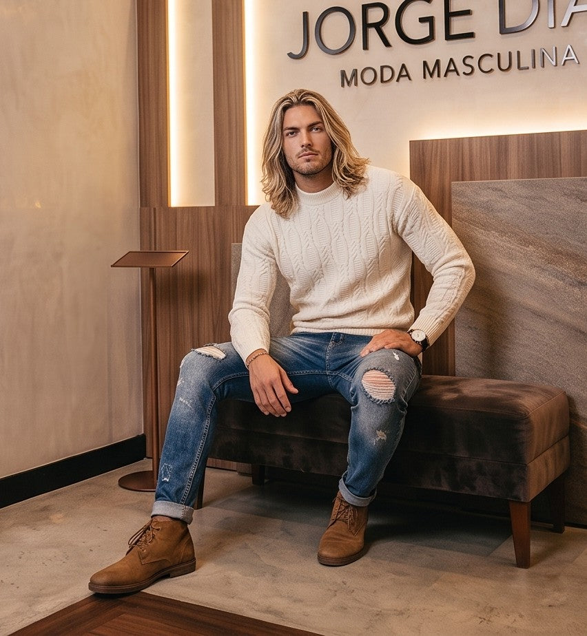 moderno con el mismo diseño de jersey de punto trenzado de cuello redondo en tres colores diferentes: negro, gris y beige.