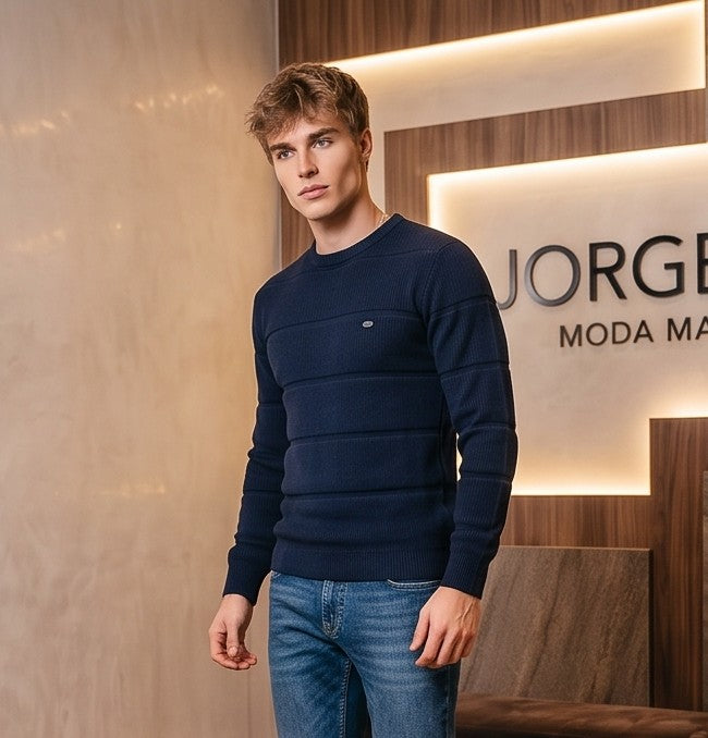 Jersey o suéter de punto acanalado con textura jacquard a rayas horizontales para hombre, diseño clásico de cuello redondo y manga larga, disponible en tonos beige albaricoque, azul marino y marrón café oscuro