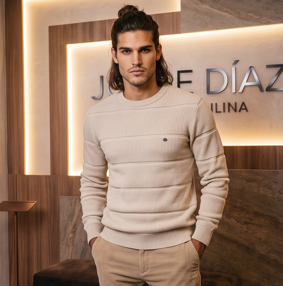 Jersey o suéter de punto acanalado con textura jacquard a rayas horizontales para hombre, diseño clásico de cuello redondo y manga larga, disponible en tonos beige albaricoque, azul marino y marrón café oscuro