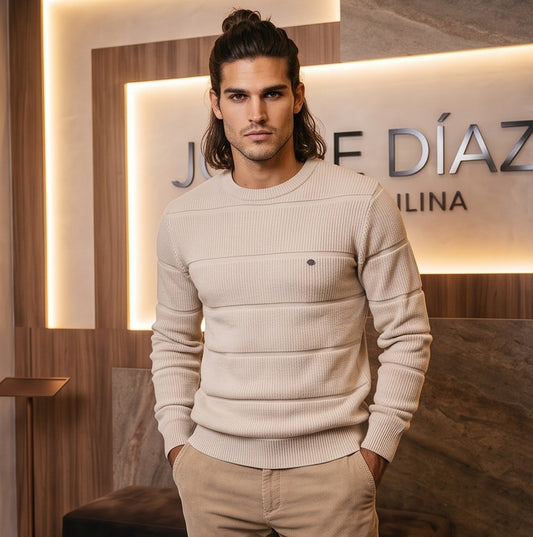 Jersey o suéter de punto acanalado con textura jacquard a rayas horizontales para hombre, diseño clásico de cuello redondo y manga larga, disponible en tonos beige albaricoque, azul marino y marrón café oscuro