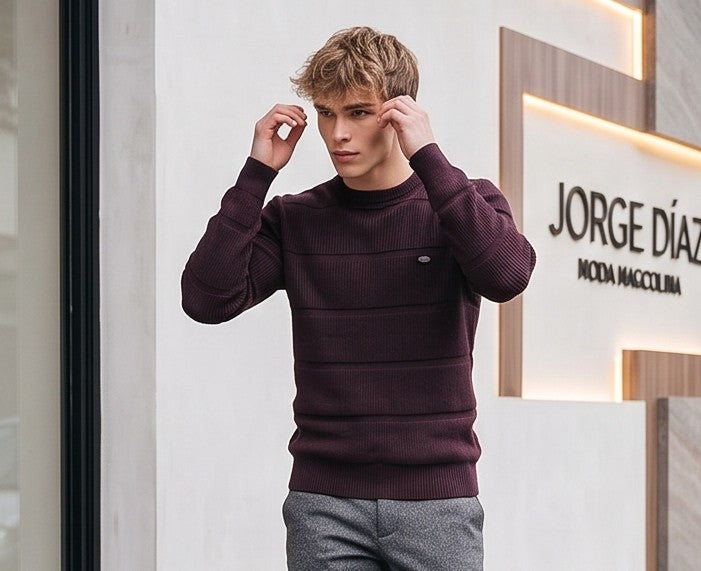 Jersey o suéter de punto acanalado con textura jacquard a rayas horizontales para hombre, diseño clásico de cuello redondo y manga larga, disponible en tonos beige albaricoque, azul marino y marrón café oscuro