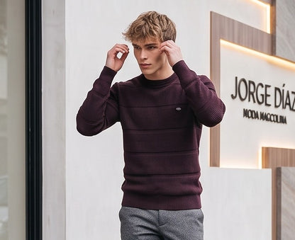 Jersey o suéter de punto acanalado con textura jacquard a rayas horizontales para hombre, diseño clásico de cuello redondo y manga larga, disponible en tonos beige albaricoque, azul marino y marrón café oscuro