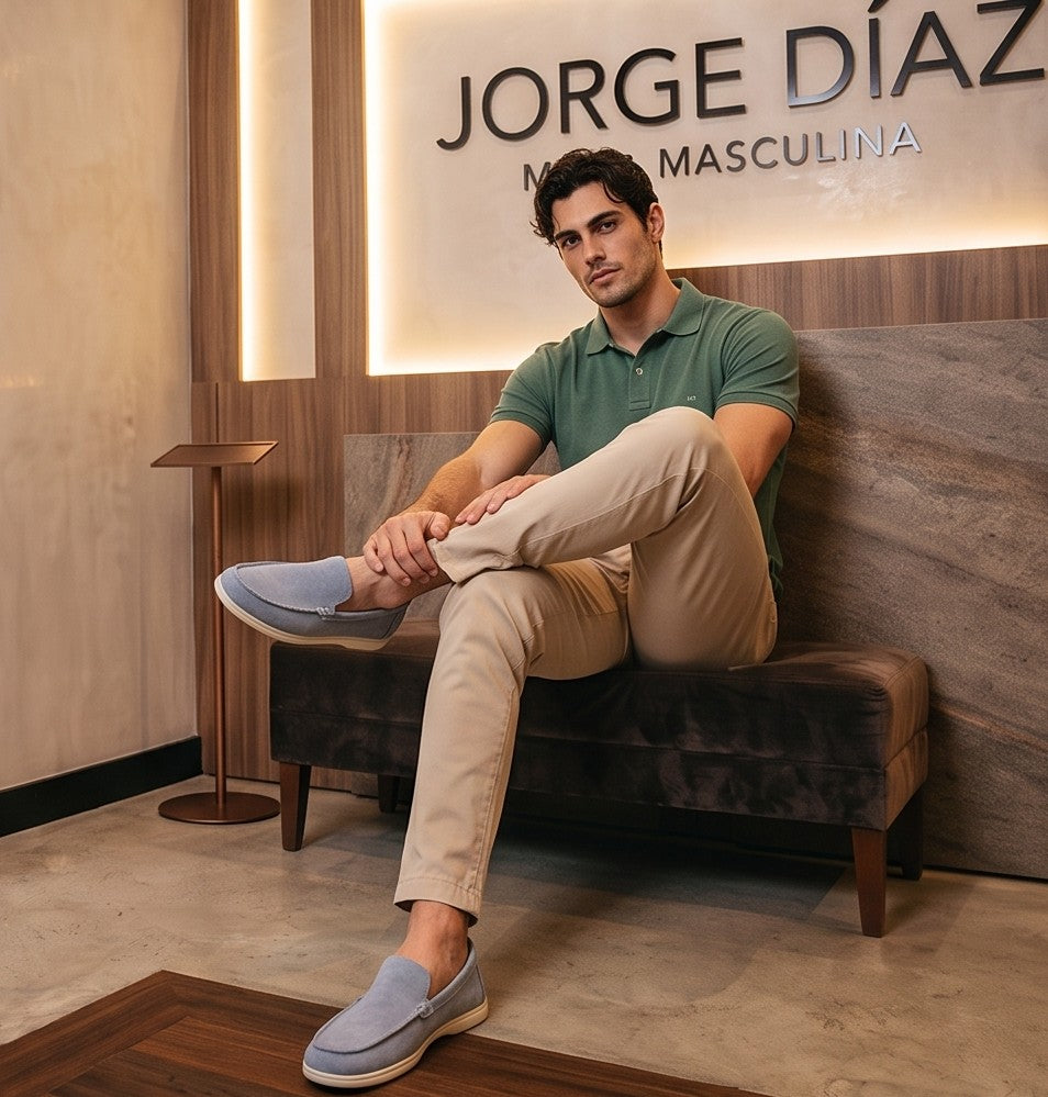 Mocasines casuales para hombre confeccionados en suave tejido de ante con puntera pespunteada y suela plana blanca ultraligera, disponibles en cuatro tonos versátiles: negro, gris marengo, azul claro pastel y beige arena
