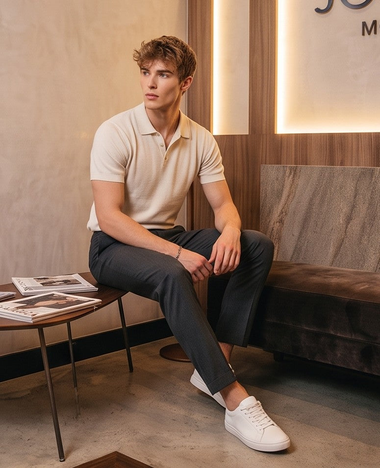 Pantalón de vestir elegante para hombre con pretina ancha estilo Gurkha, cierre de doble botón, pinzas frontales y ajustadores laterales, disponible en colores negro, marrón camel, gris plomo y blanco marfil en tienda Jorge Díaz Moda Masculina.