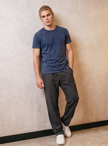 pantalón de lino para hombre de corte recto y holgado con cintura elástica y cordón ajustable, disponible en 6 colores: negro, blanco, gris, beige claro, azul cielo y azul marino