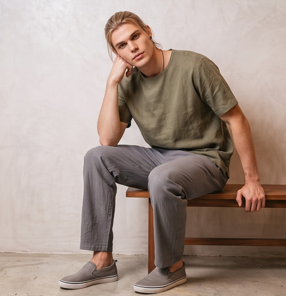 pantalón de lino para hombre de corte recto y holgado con cintura elástica y cordón ajustable, disponible en 6 colores: negro, blanco, gris, beige claro, azul cielo y azul marino