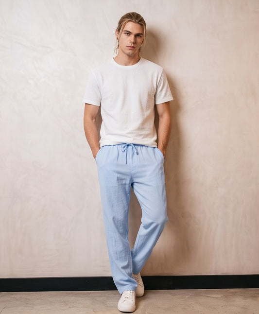 pantalón de lino para hombre de corte recto y holgado con cintura elástica y cordón ajustable, disponible en 6 colores: negro, blanco, gris, beige claro, azul cielo y azul marino
