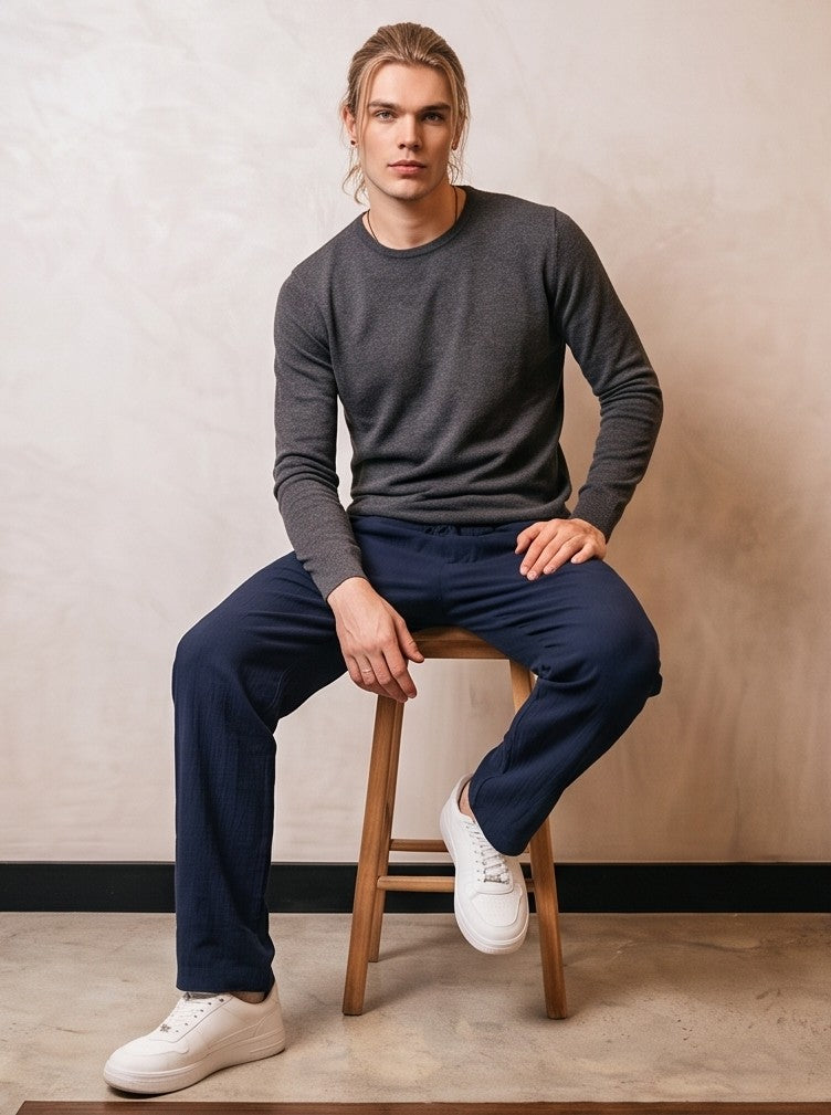 pantalón de lino para hombre de corte recto y holgado con cintura elástica y cordón ajustable, disponible en 6 colores: negro, blanco, gris, beige claro, azul cielo y azul marino
