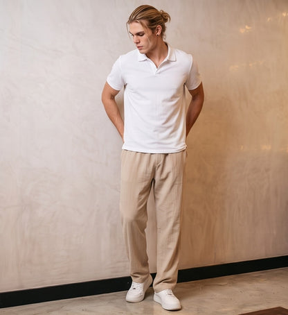 pantalón de lino para hombre de corte recto y holgado con cintura elástica y cordón ajustable, disponible en 6 colores: negro, blanco, gris, beige claro, azul cielo y azul marino