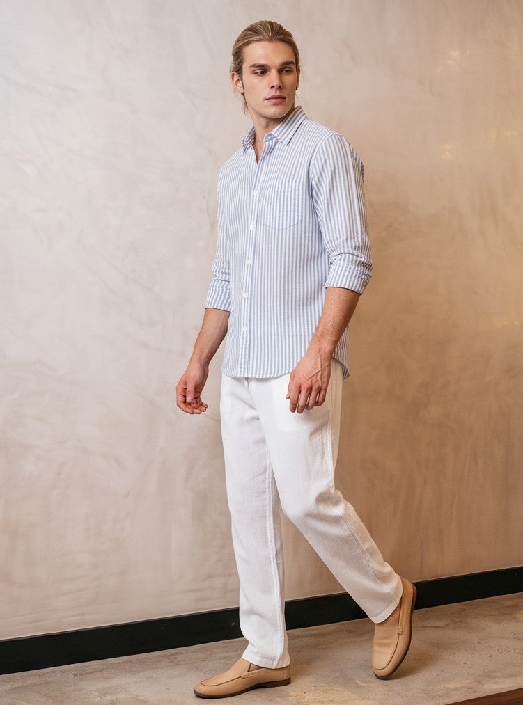 pantalón de lino para hombre de corte recto y holgado con cintura elástica y cordón ajustable, disponible en 6 colores: negro, blanco, gris, beige claro, azul cielo y azul marino