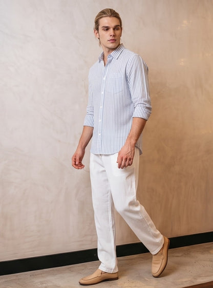 pantalón de lino para hombre de corte recto y holgado con cintura elástica y cordón ajustable, disponible en 6 colores: negro, blanco, gris, beige claro, azul cielo y azul marino