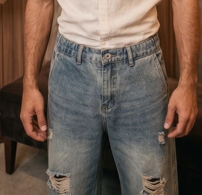 Pantalón jean ancho estilo urbano streetwear en denim 100% algodón con efecto lavado en tonos azul y negro desgastado, tiro medio-alto, cintura semielástica con botón y cremallera, roturas desgastadas en rodillas y bordados diagonales decorativos en las piernas