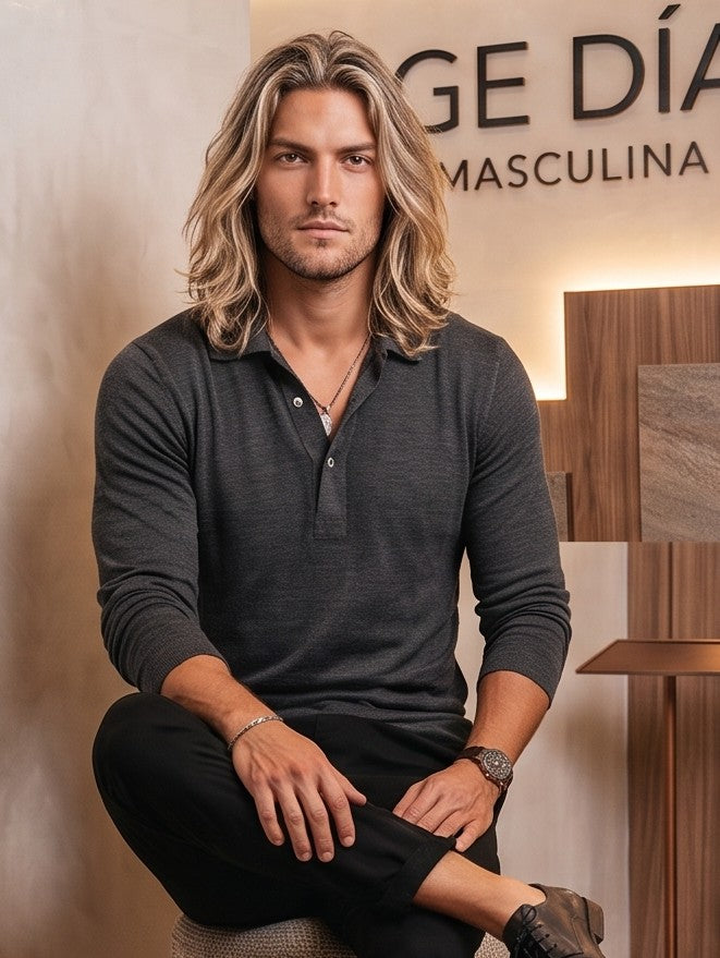 Polo de manga larga para hombre estilo Henley en tejido jaspeado suave, con cuello camisero clásico y tapeta frontal de botones, disponible en blanco, marrón camel, gris marengo, azul marino y negro