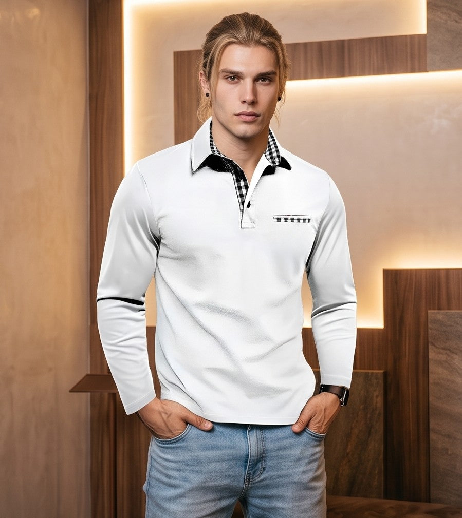 polo de manga larga de corte entallado, cuello clásico con botones y un distintivo detalle de estampado a cuadros en contraste en el interior del cuello, la tapeta y el ribete del falso bolsillo del pecho.
