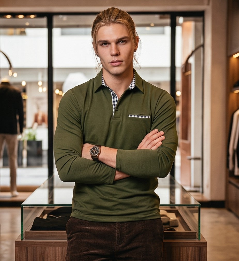 polo de manga larga de corte entallado, cuello clásico con botones y un distintivo detalle de estampado a cuadros en contraste en el interior del cuello, la tapeta y el ribete del falso bolsillo del pecho.