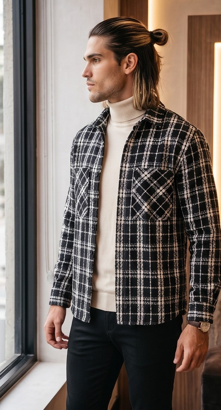 Sobrecamisa gruesa de cuadros para hombre con tejido texturizado tipo tweed en tonos blanco y negro, cuello de solapa, bolsillos frontales y cierre de botones.