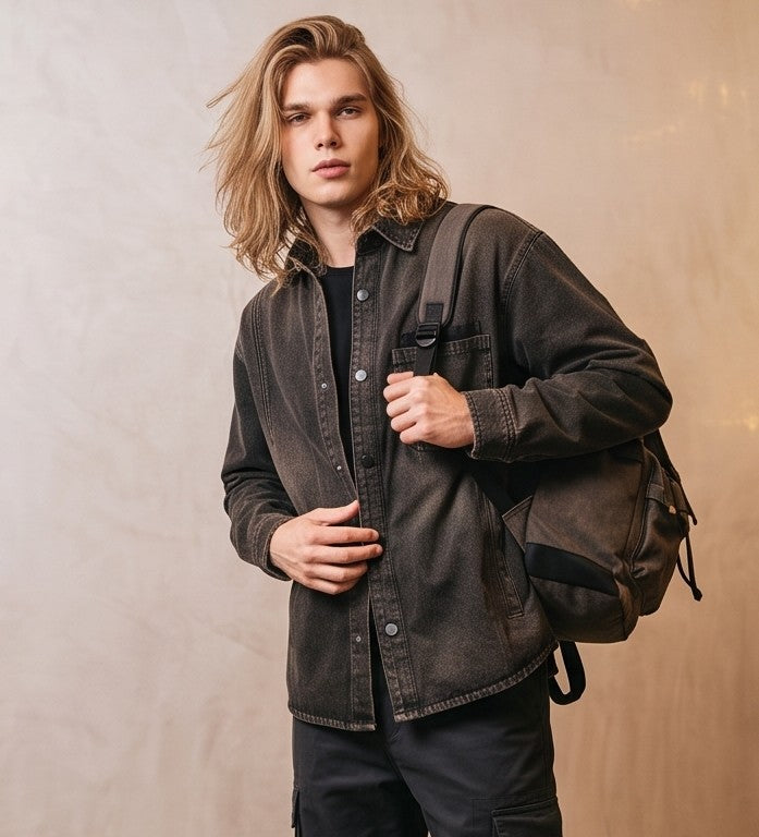 Sobrecamisa vaquera de corte holgado para hombre en tejido denim negro lavado desgastado con cuello camisero, bolsillo frontal de parche y cierre de botones.
