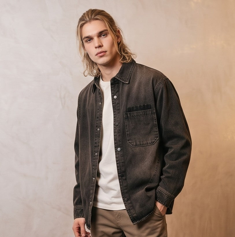 Sobrecamisa vaquera de corte holgado para hombre en tejido denim negro lavado desgastado con cuello camisero, bolsillo frontal de parche y cierre de botones.