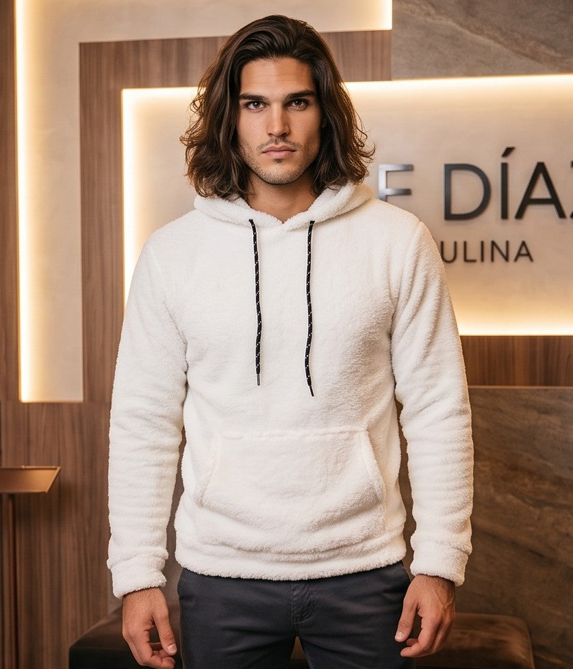 Sudadera de borreguito para hombre con capucha, cordones de ajuste y bolsillo canguro en color [blanco crema / verde militar / caqui camel / gris jaspeado / negro / beige]