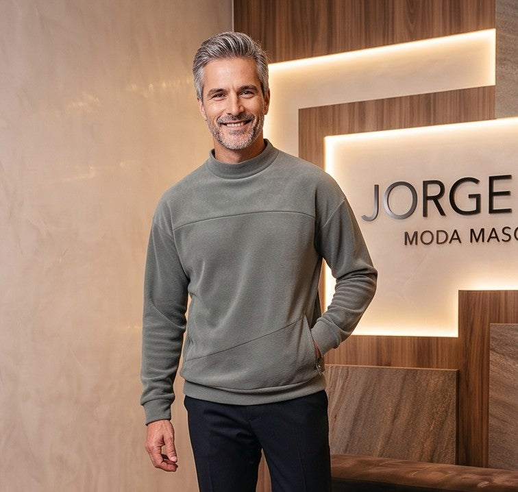 Sudadera casual de forro polar para hombre con cuello subido y manga larga, diseño de corte holgado con costuras asimétricas decorativas, disponible en color verde oliva y café