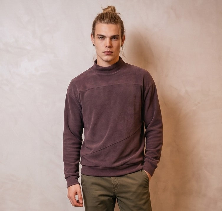 Sudadera casual de forro polar para hombre con cuello subido y manga larga, diseño de corte holgado con costuras asimétricas decorativas, disponible en color verde oliva y café