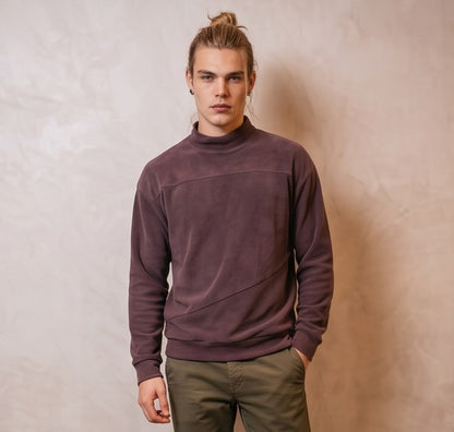 Sudadera casual de forro polar para hombre con cuello subido y manga larga, diseño de corte holgado con costuras asimétricas decorativas, disponible en color verde oliva y café