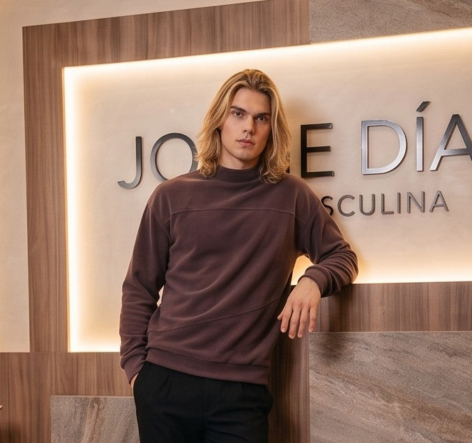 Sudadera casual de forro polar para hombre con cuello subido y manga larga, diseño de corte holgado con costuras asimétricas decorativas, disponible en color verde oliva y café