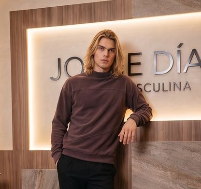 Sudadera casual de forro polar para hombre con cuello subido y manga larga, diseño de corte holgado con costuras asimétricas decorativas, disponible en color verde oliva y café