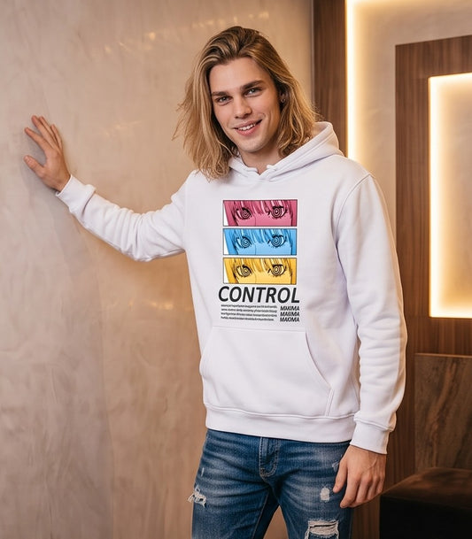 Sudadera unisex tipo hoodie de corte holgado estilo Harajuku con capucha, bolsillo canguro y estampado gráfico frontal de Makima de Chainsaw Man con la palabra Control, disponible en color negro, blanco, gris, caqui, amarillo, rojo y rosa