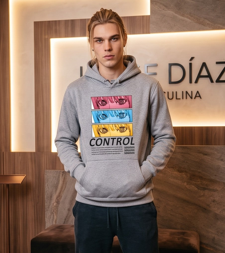 Sudadera unisex tipo hoodie de corte holgado estilo Harajuku con capucha, bolsillo canguro y estampado gráfico frontal de Makima de Chainsaw Man con la palabra Control, disponible en color negro, blanco, gris, caqui, amarillo, rojo y rosa