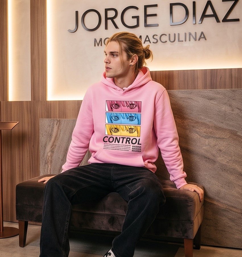 Sudadera unisex tipo hoodie de corte holgado estilo Harajuku con capucha, bolsillo canguro y estampado gráfico frontal de Makima de Chainsaw Man con la palabra Control, disponible en color negro, blanco, gris, caqui, amarillo, rojo y rosa