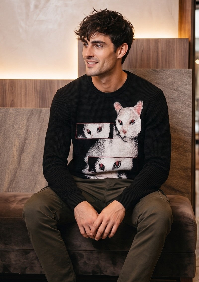 Sudadera de corte holgado estilo retro americano en tejido de punto térmico de algodón color negro, con cuello redondo, mangas largas y estampado frontal vintage de gato blanco con recuadros glitch y frase gráfica en tipografía urbana.