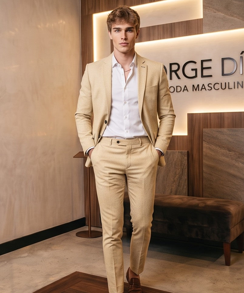 Conjunto de traje para hombre de dos piezas compuesto por americana blazer entallada con solapa clásica y pantalón de vestir slim fit tobillero con bolsillos laterales y textura ligera, disponible en 7 colores modernos: verde pistacho, beige arena, azul marino, azul cielo, rosa pastel, crema y gris.