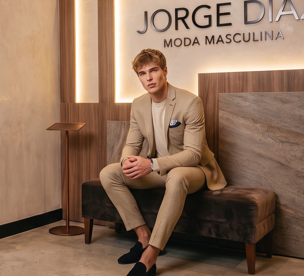 Conjunto de traje para hombre de dos piezas compuesto por americana blazer entallada con solapa clásica y pantalón de vestir slim fit tobillero con bolsillos laterales y textura ligera, disponible en 7 colores modernos: verde pistacho, beige arena, azul marino, azul cielo, rosa pastel, crema y gris.