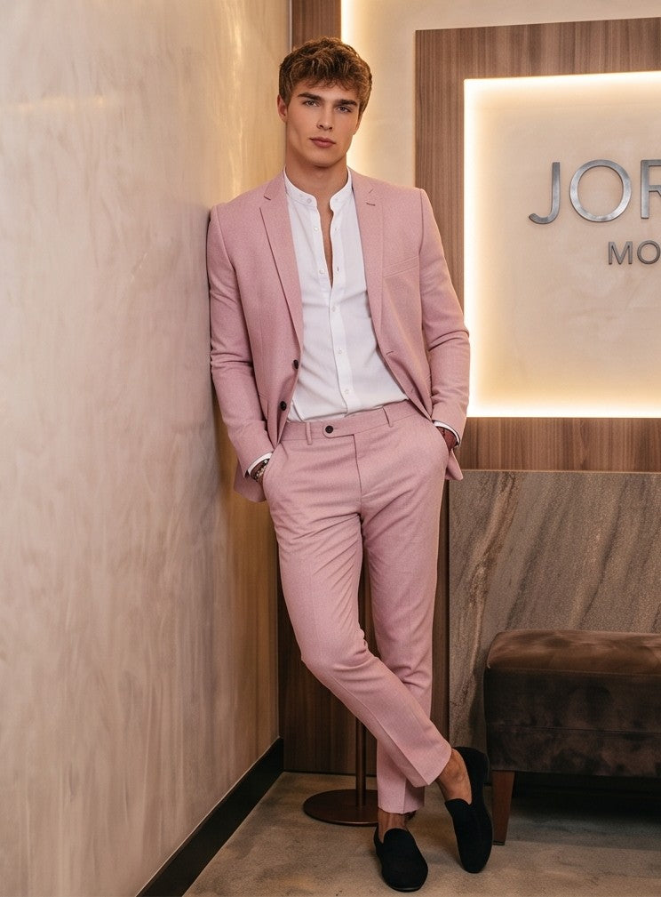Conjunto de traje para hombre de dos piezas compuesto por americana blazer entallada con solapa clásica y pantalón de vestir slim fit tobillero con bolsillos laterales y textura ligera, disponible en 7 colores modernos: verde pistacho, beige arena, azul marino, azul cielo, rosa pastel, crema y gris.