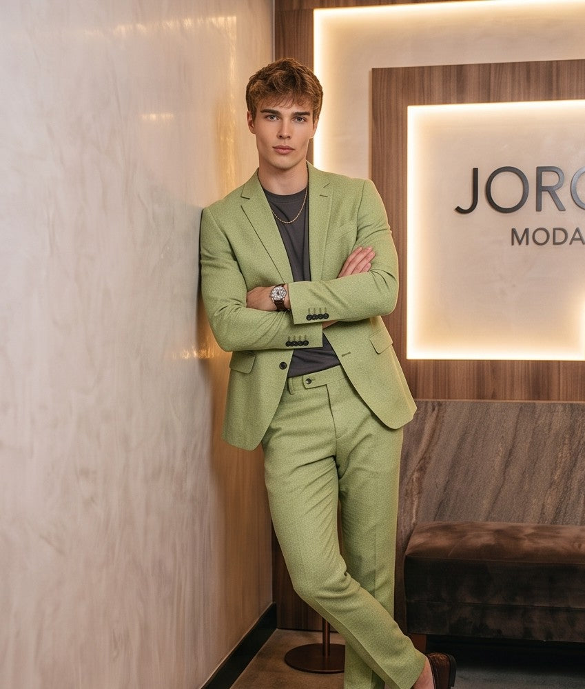 Conjunto de traje para hombre de dos piezas compuesto por americana blazer entallada con solapa clásica y pantalón de vestir slim fit tobillero con bolsillos laterales y textura ligera, disponible en 7 colores modernos: verde pistacho, beige arena, azul marino, azul cielo, rosa pastel, crema y gris.