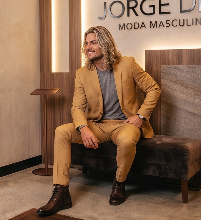 Conjunto de traje para hombre compuesto por blazer de corte slim fit de un botón con solapa de muesca y pantalón entallado de vestir a juego, disponible en tonos dorado claro, azul marino, burdeos, negro, blanco, celeste y gris