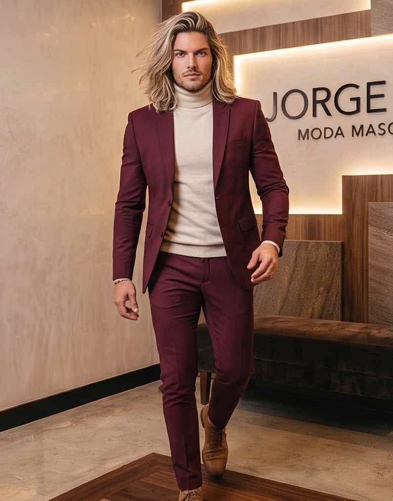 Conjunto de traje para hombre compuesto por blazer de corte slim fit de un botón con solapa de muesca y pantalón entallado de vestir a juego, disponible en tonos dorado claro, azul marino, burdeos, negro, blanco, celeste y gris
