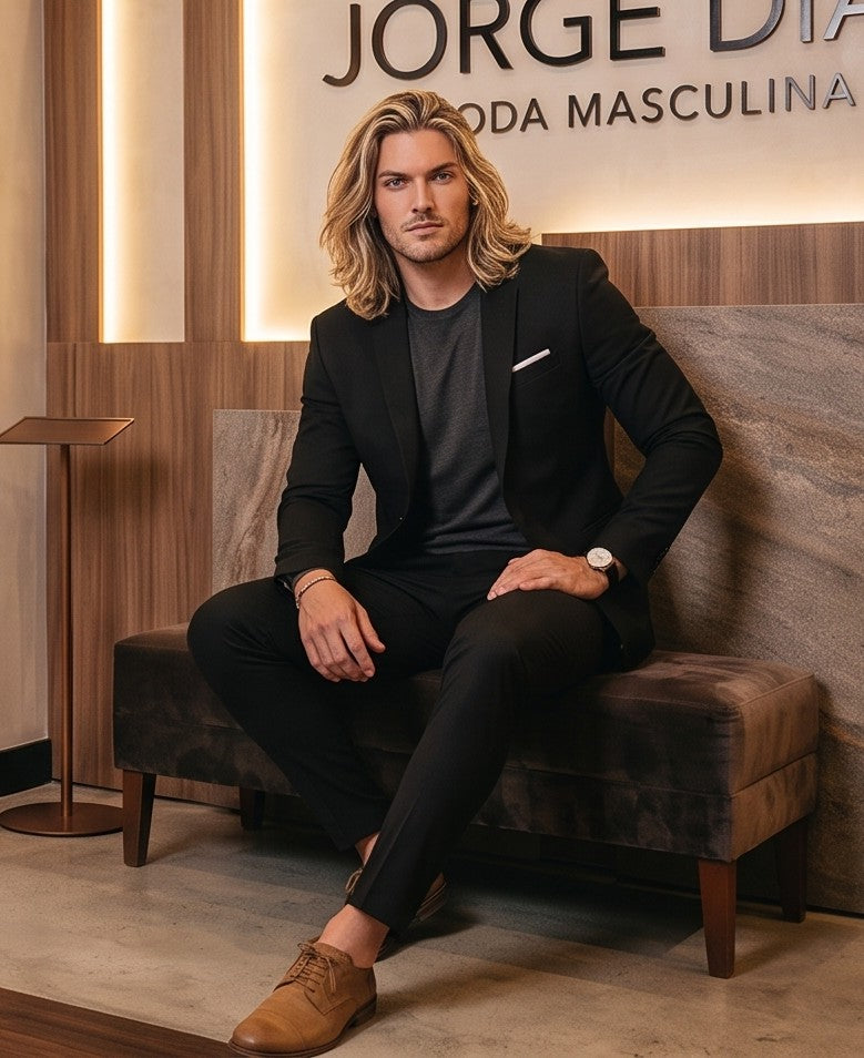 Conjunto de traje para hombre compuesto por blazer de corte slim fit de un botón con solapa de muesca y pantalón entallado de vestir a juego, disponible en tonos dorado claro, azul marino, burdeos, negro, blanco, celeste y gris