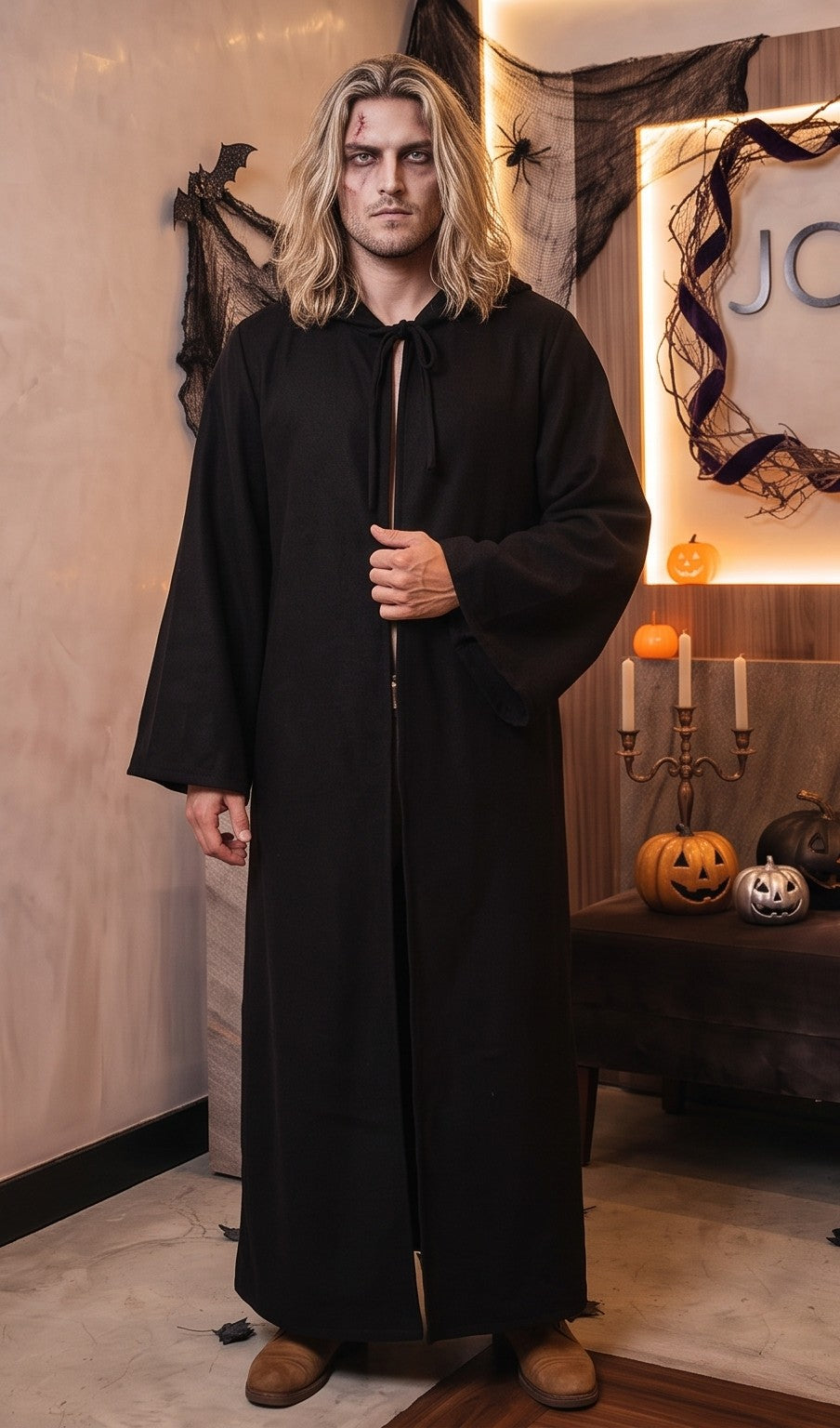 Túnica larga unisex con capucha amplia y lazo frontal ajustable, disfraz de fantasía medieval y hechicero para Halloween o cosplay, disponible en negro, rojo vino, marrón café, blanco y azul
