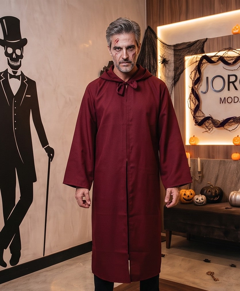 Túnica larga unisex con capucha amplia y lazo frontal ajustable, disfraz de fantasía medieval y hechicero para Halloween o cosplay, disponible en negro, rojo vino, marrón café, blanco y azul