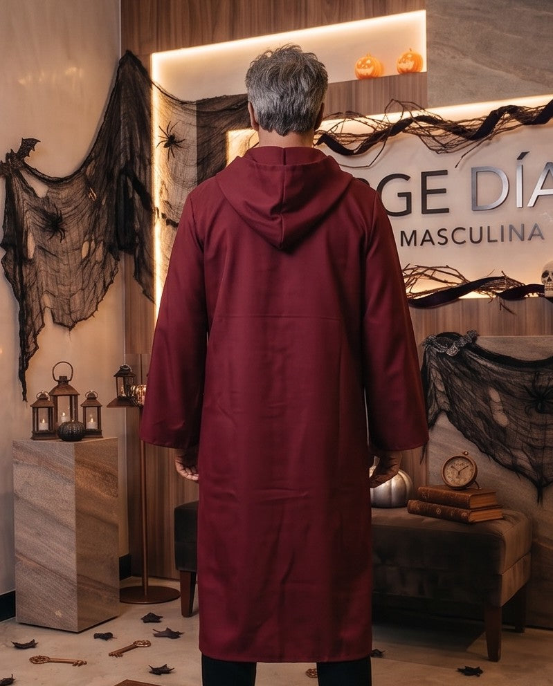 Túnica larga unisex con capucha amplia y lazo frontal ajustable, disfraz de fantasía medieval y hechicero para Halloween o cosplay, disponible en negro, rojo vino, marrón café, blanco y azul
