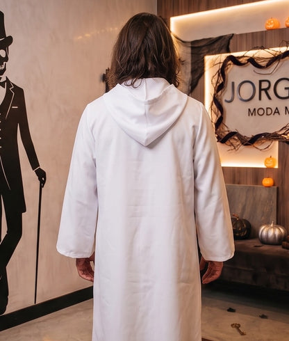 Túnica larga unisex con capucha amplia y lazo frontal ajustable, disfraz de fantasía medieval y hechicero para Halloween o cosplay, disponible en negro, rojo vino, marrón café, blanco y azul