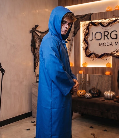 Túnica larga unisex con capucha amplia y lazo frontal ajustable, disfraz de fantasía medieval y hechicero para Halloween o cosplay, disponible en negro, rojo vino, marrón café, blanco y azul