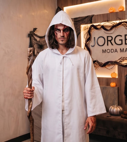 Túnica larga unisex con capucha amplia y lazo frontal ajustable, disfraz de fantasía medieval y hechicero para Halloween o cosplay, disponible en negro, rojo vino, marrón café, blanco y azul