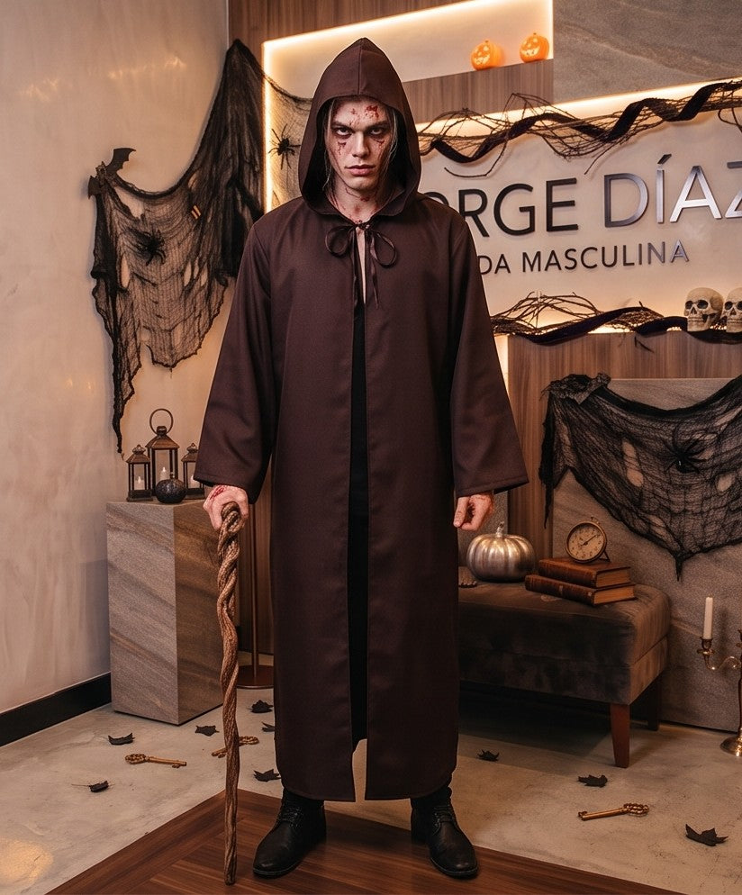 Túnica larga unisex con capucha amplia y lazo frontal ajustable, disfraz de fantasía medieval y hechicero para Halloween o cosplay, disponible en negro, rojo vino, marrón café, blanco y azul