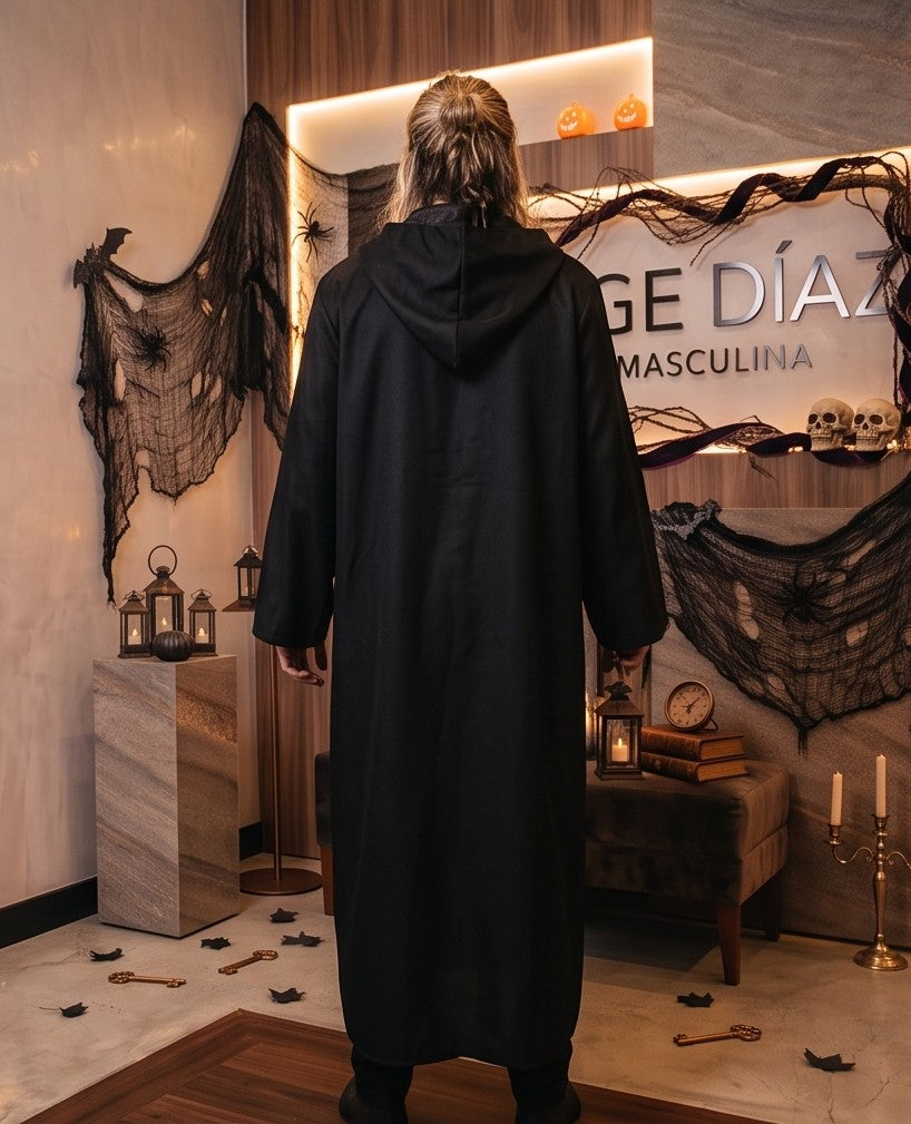 Túnica larga unisex con capucha amplia y lazo frontal ajustable, disfraz de fantasía medieval y hechicero para Halloween o cosplay, disponible en negro, rojo vino, marrón café, blanco y azul
